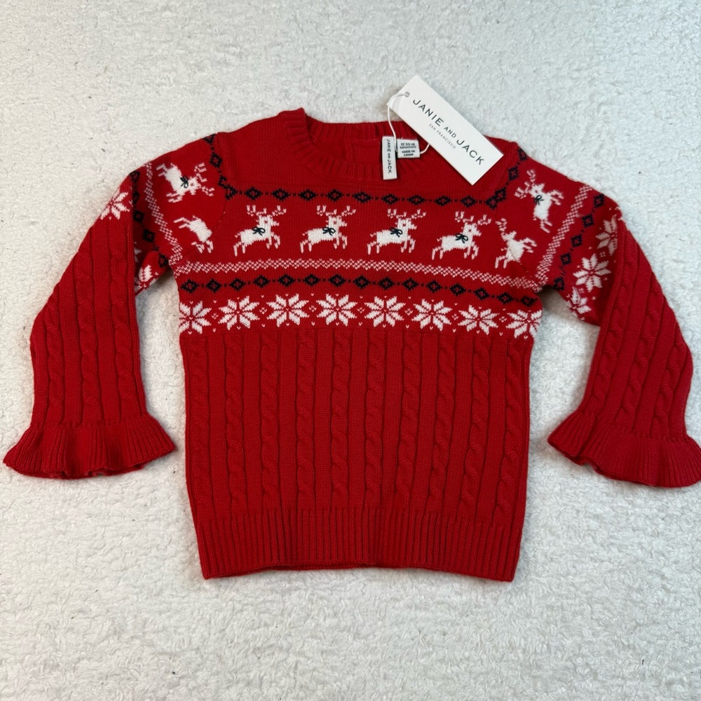 Janie and Jack Red Reindeer Christmas Knit Sweater Ruffle Sleeve 12-18 mnths NWT - Picture 2 of 4
